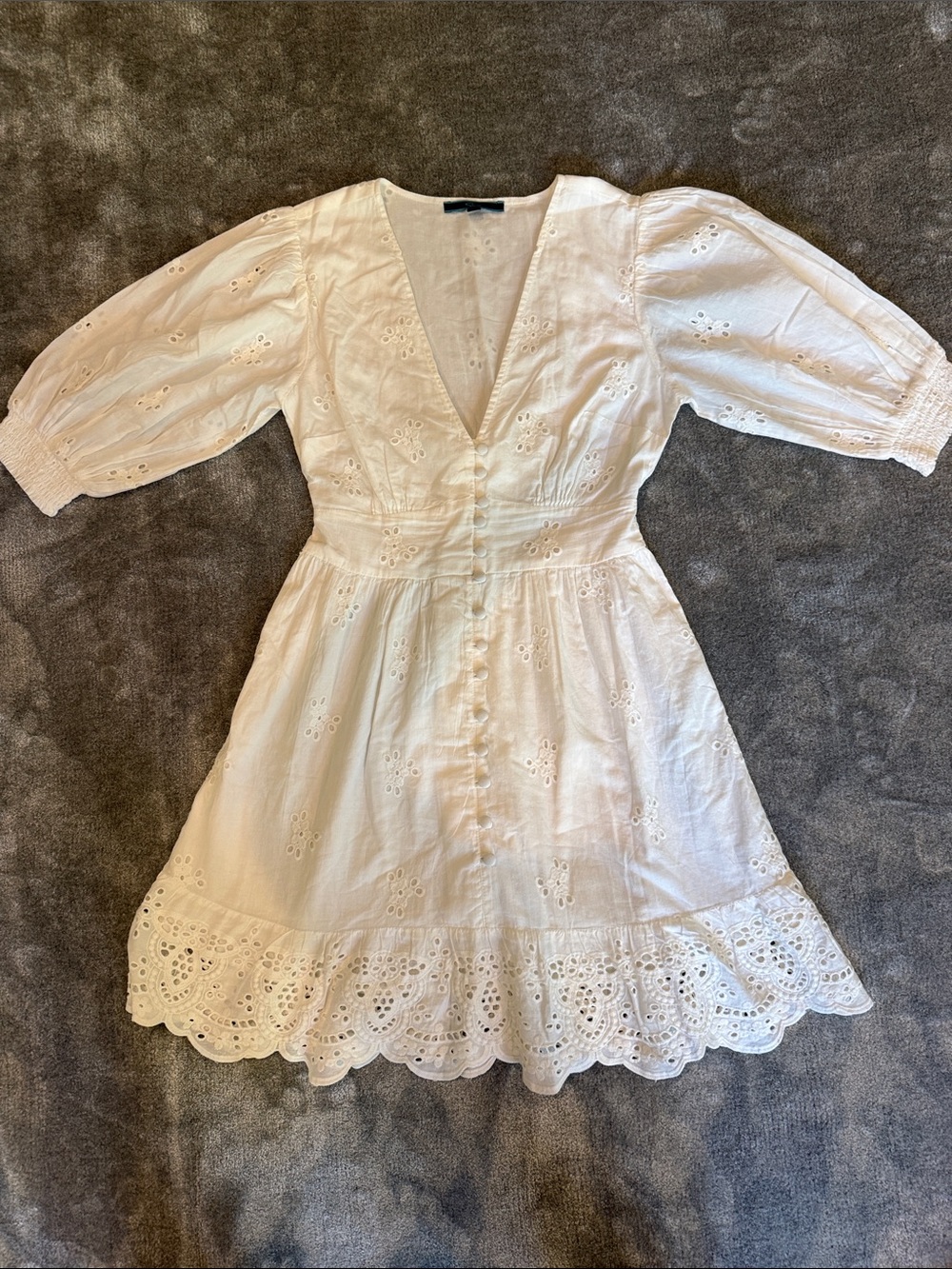Shore White Eyelet V-Neck Mini Dress with Puff Sleeves